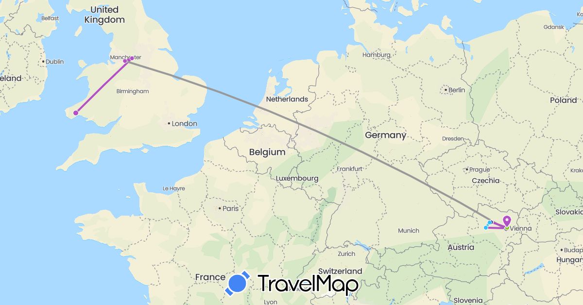 TravelMap itinerary: driving, plane, train, boat, electric vehicle in Austria, United Kingdom (Europe)
